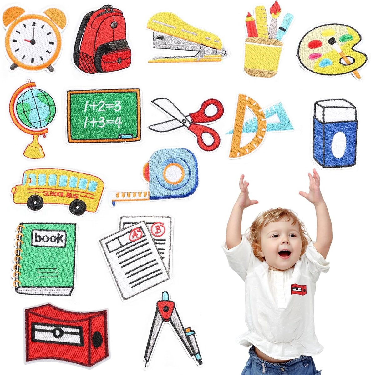 Kleurige 16-delige set met strijkapplicaties voor schoolthema, ideaal voor kleding, rugzakken en creatieve DIY-projecten
