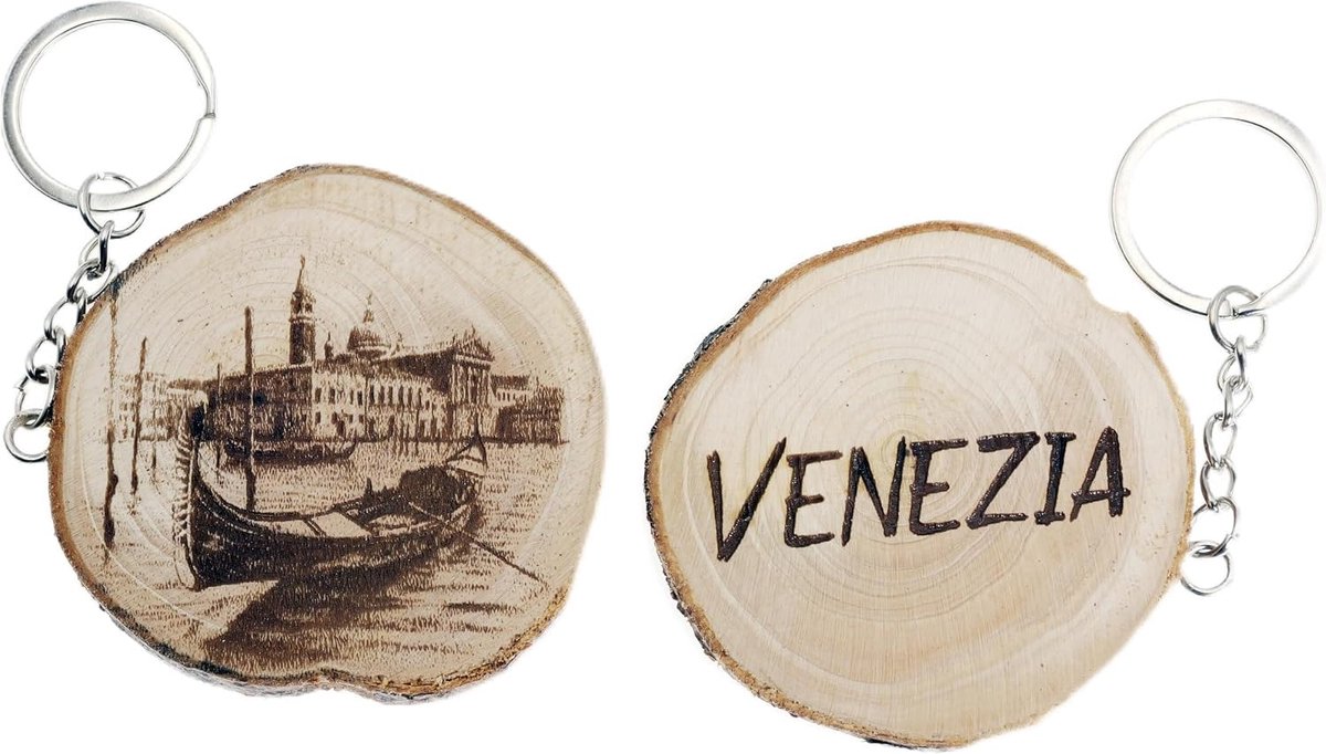 Sleutelhanger van natuurlijk hout met landmerk, Veneto, Italië, Gelassenissima, gondel, Venetië, Bruin, Eén maat