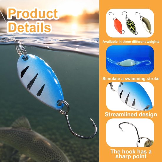 10-delige set forelaas, realistische metalen lepels, forel, mini-draaifiguur, forelaas met haak, forellepel, accessoires, visaas inclusief paillettendoos, geschikt voor verschillende vissen — afbeelding 5