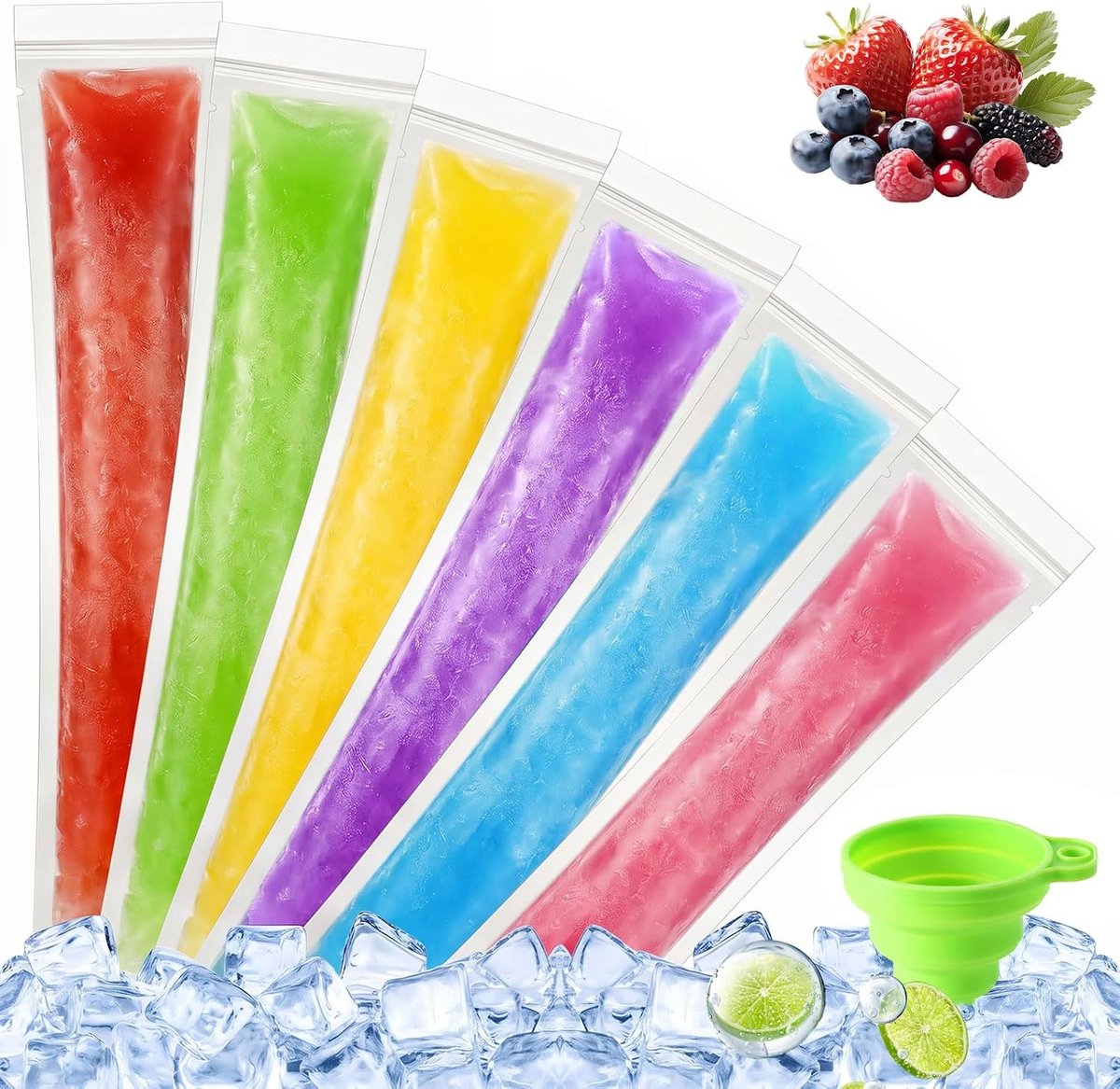 200 stuks waterijsvormen, ijslollyzakjes met groene trechter (28 x 5,5 cm), voor het zelf maken van ijslolly's, yoghurt, vruchtensap en slushies