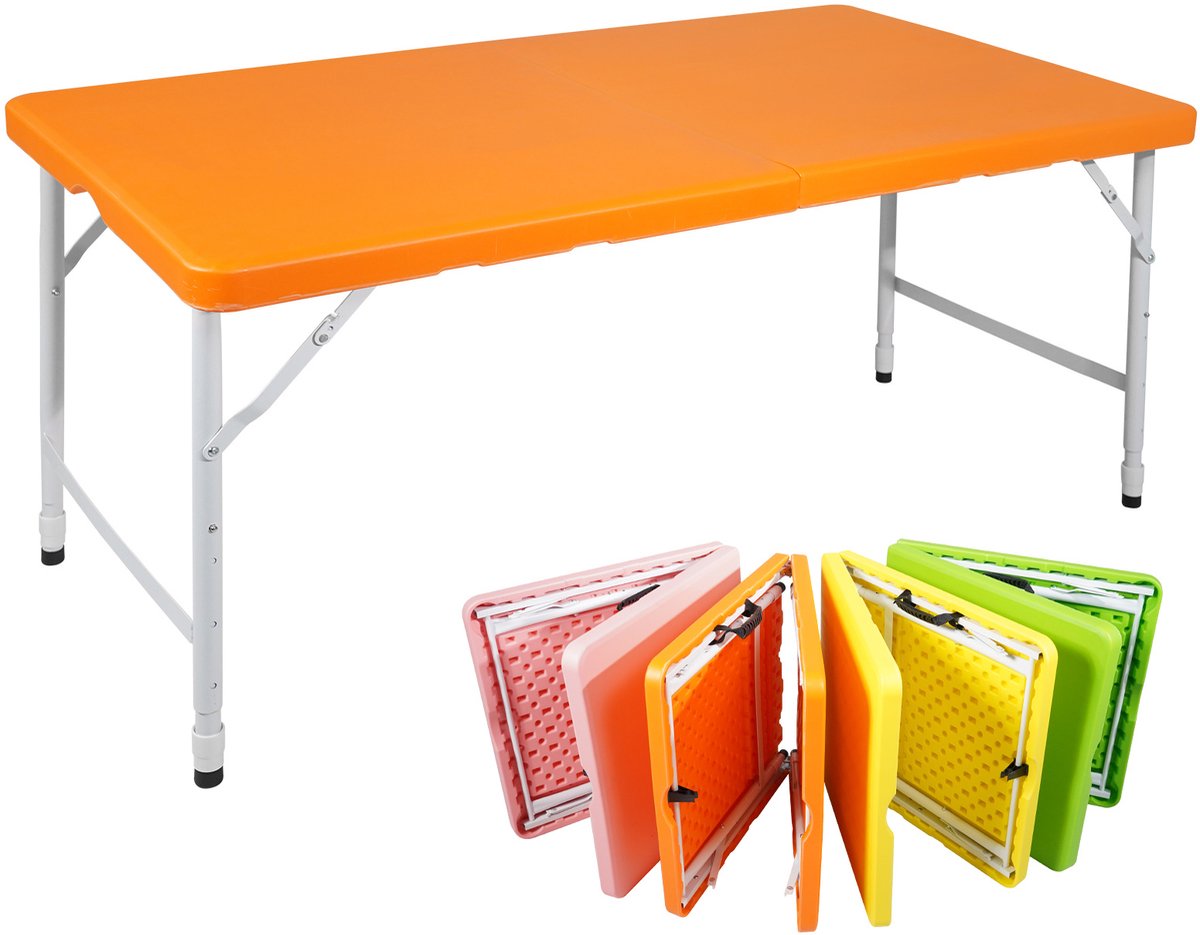 DESMIU Opvouwbare Picknicktafel - Verstelbare Hoogte Met Handgreep - Voor Binnen En Buiten - Kunststof En Staal - 125 x 61 Cm - Oranje