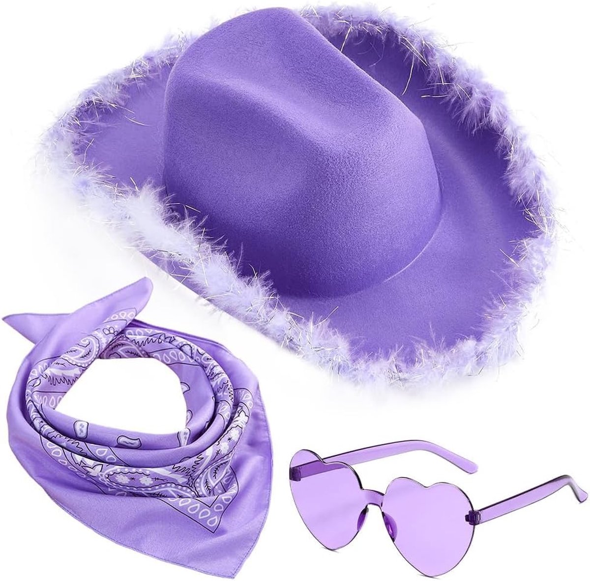 Cowboyhoeden voor vrouwen, pluizige cowboyhoed met verenrand, hartvormige zonnebril, bandana voor vakantie, kostuumfeest, spelen, verkleedpartij, Halloween cosplay