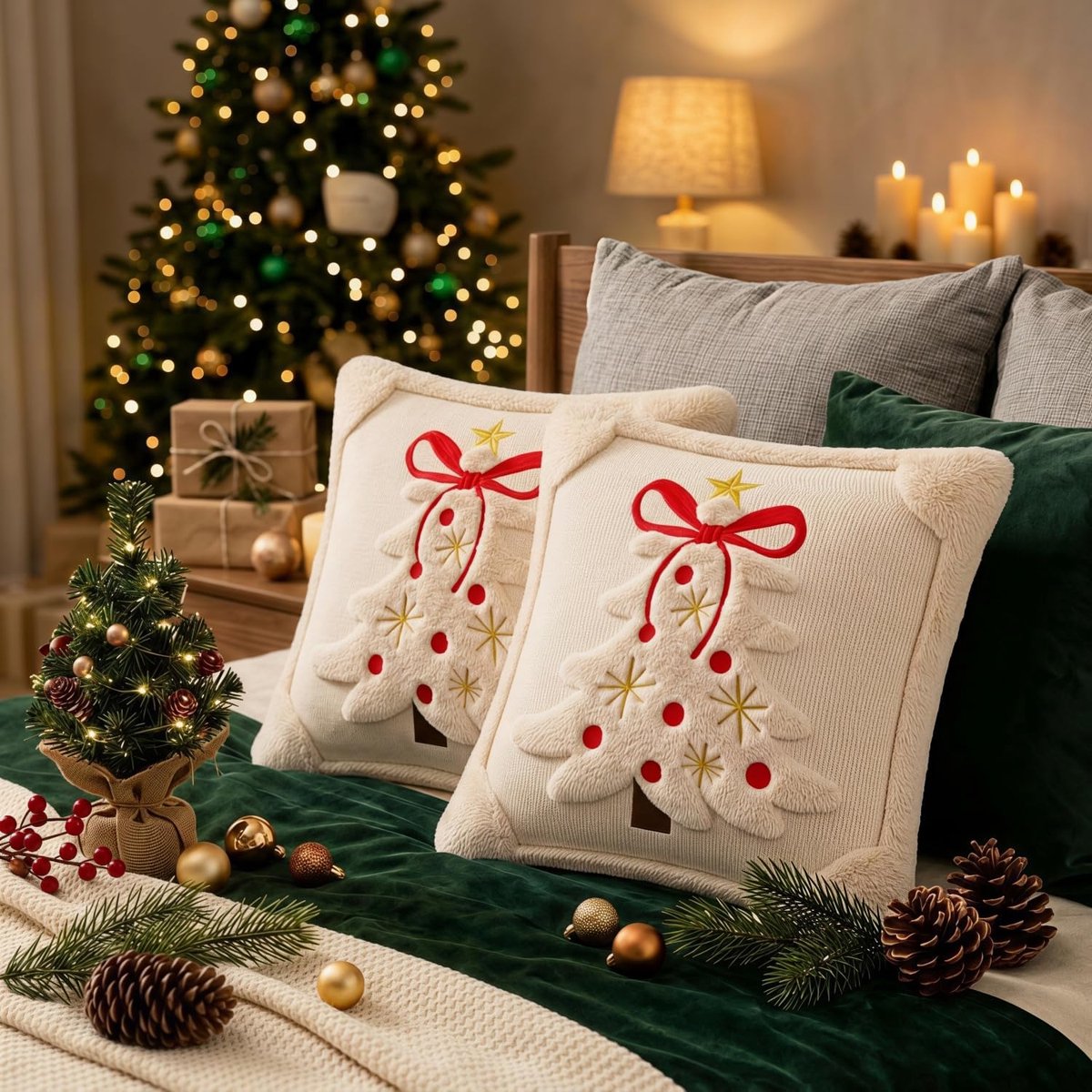 KZQ 2-delige set met rode en groene strikken en een grote beige kerstboomprint (kusseninzet niet inbegrepen) - 45 x 45 cm - Kerstboompatroon - Enkelzijdig pluche - Zacht en huidvriendelijk - Perfect voor winterse en feestelijke huisdecoratie rood