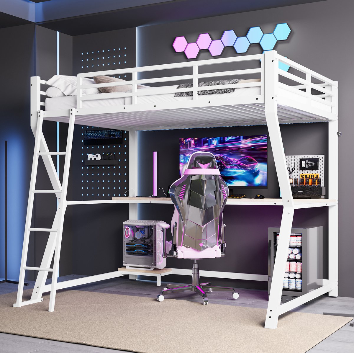 WUVRIE Hoogslaper 90x200 cm met bureau, LED-verlichting, stopcontact, USB, ladder en uitvalbeveiliging, wit