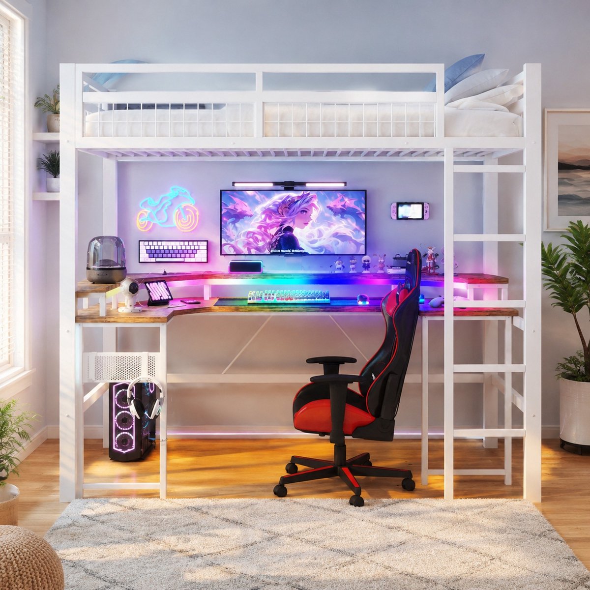 WUVRIE Hoogslaper 90 x 200 cm met bureau, LED-verlichting, USB-C, stopcontacten en pegboard, wit