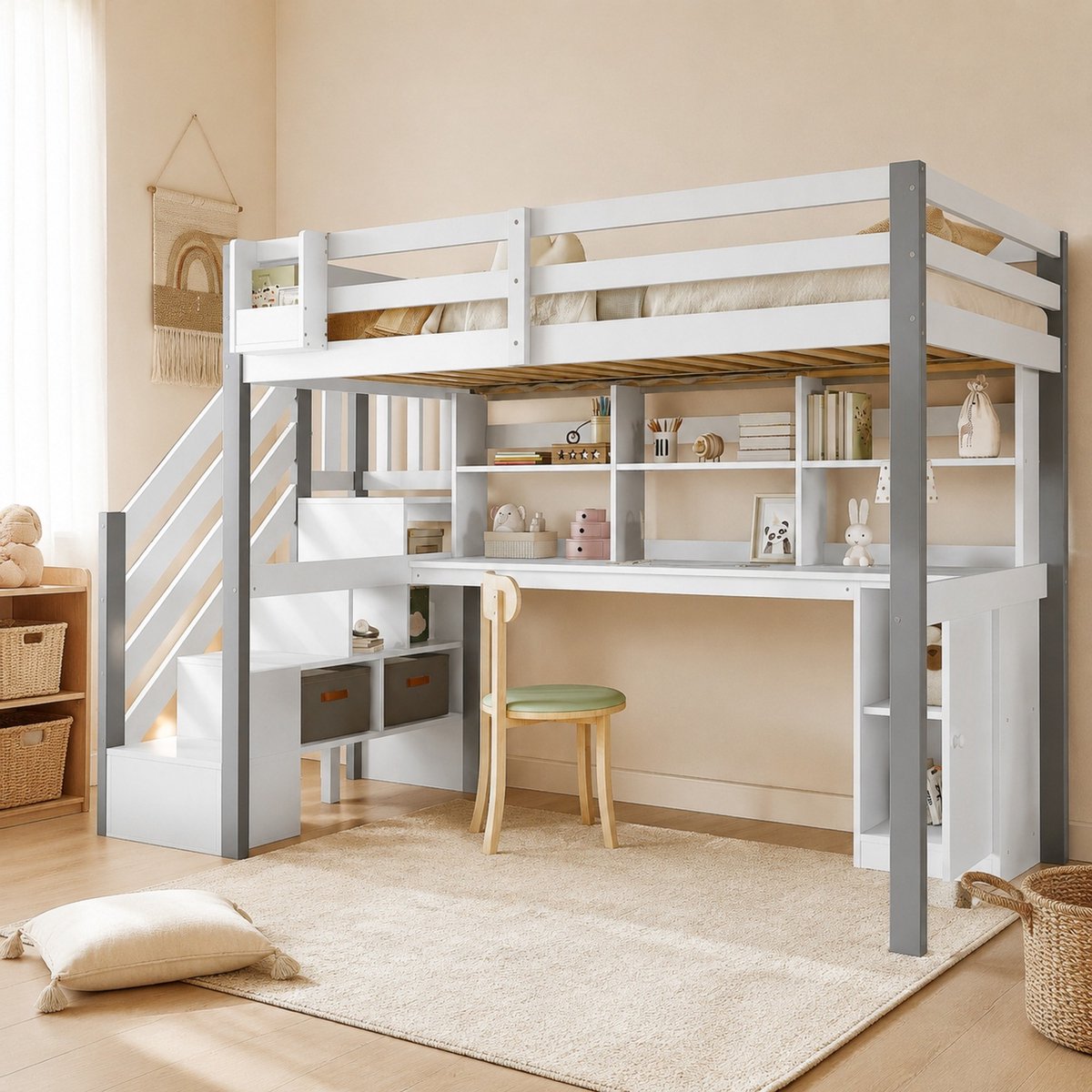 WUVRIE Halfhoogslaper 90x200 cm met bureau, opbergruimte, zijtrap en open kast, wit/grijs