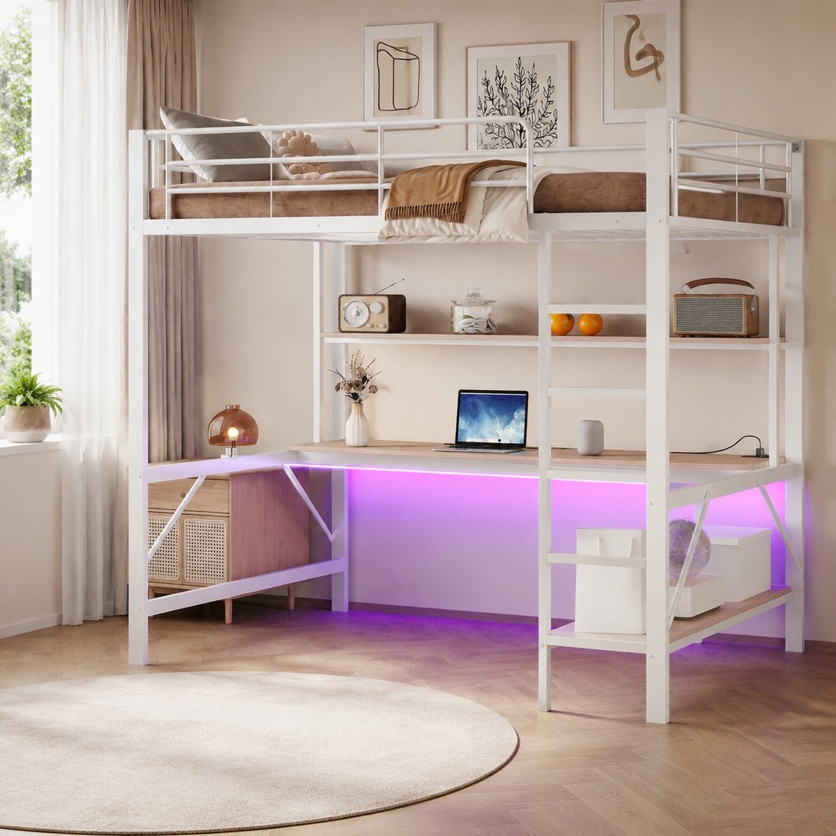 WUVRIE Hoogslaper 140x200 cm met bureau, opbergrek, LED, USB, stopcontact en trap, wit