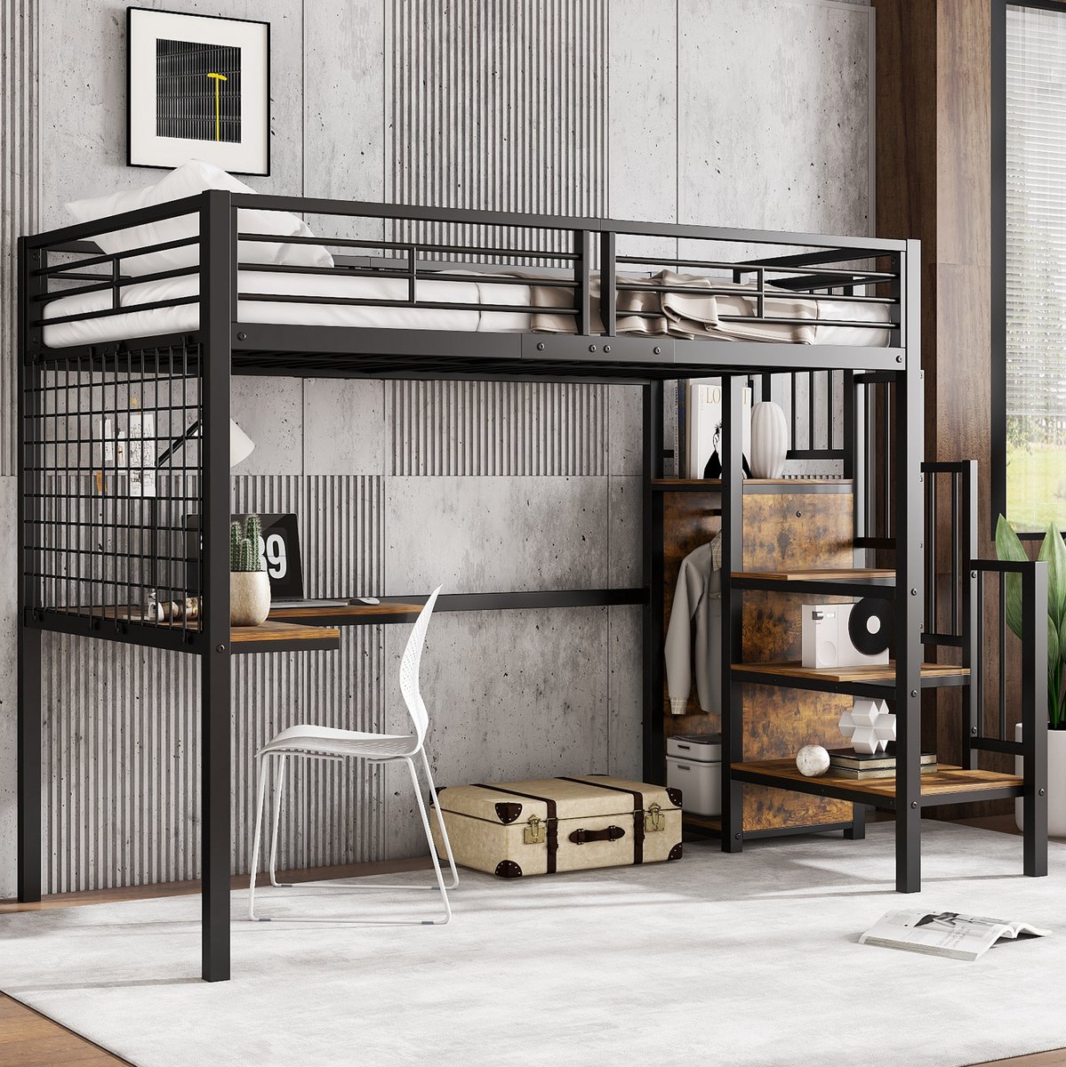 WUVRIE Hoogslaper 90x200 cm met bureau, kledingkast, zijladder en veiligheidshek, zwart/donker walnoot