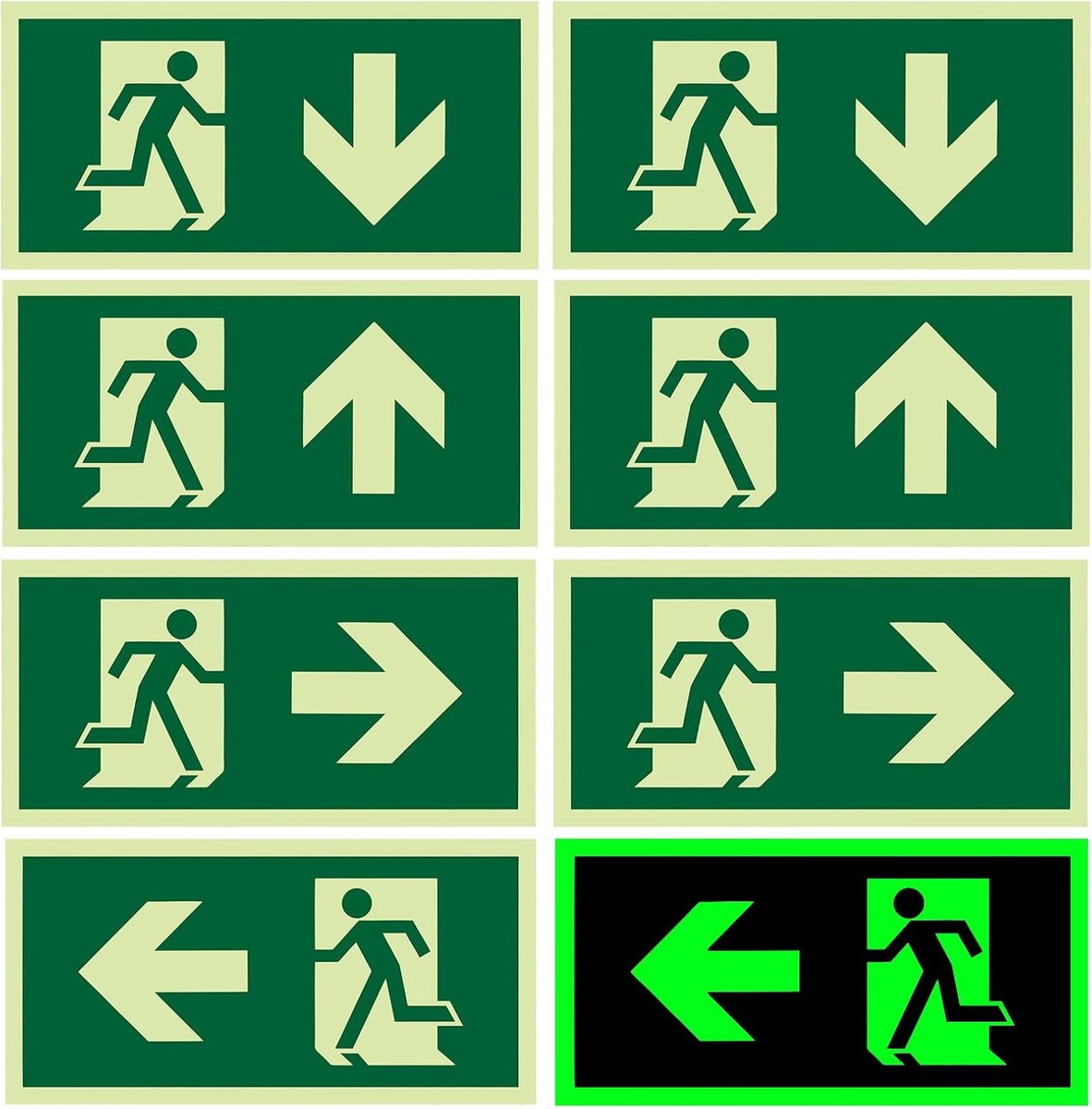 Signs Set van 8 lichtgevende zelfklevende noodwegborden lichtgevend hoogwaardig teken nooduitgang, pvc noodwegborden nood-exit teken D
