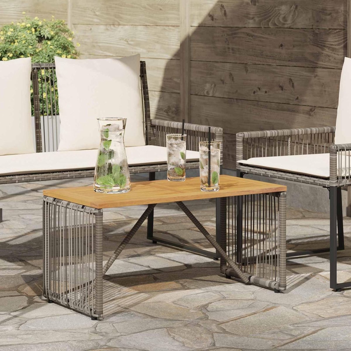Tafel Grijs Bruin 80 x 40 x 40 cm Poly Rattan Weerbestendig Met Acaciahout Blad Verstelbare Poten Voor Tuin Patio Balkon