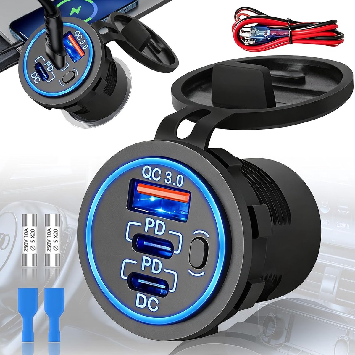 3 poorten USB-bus 12 V auto-oplader, stopcontact 12 volt voor boot motorfiets, PD3.0 USB-C en QC 3,0 autopoort met aan/uit-schakelaar, Nieuwe PD 30W USB Autolader Inbouw voor Laptops