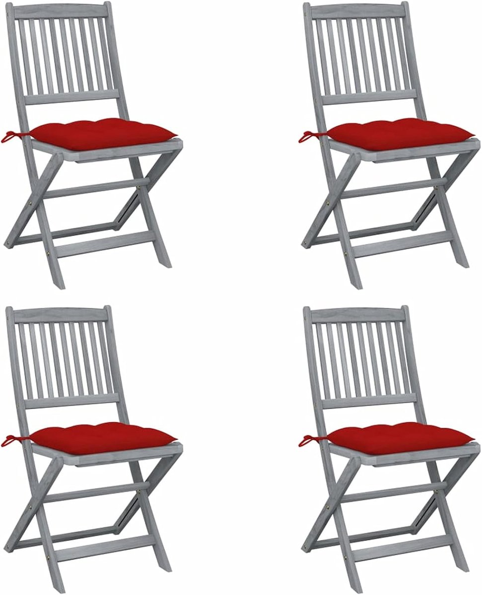 4 stuks opvouwbare tuinstoelen met kussens van massief acacia, opvouwbare stoelen van hout, eetkamerstoelen met armleuningen en rugleuning, kleur van het rode kussen
