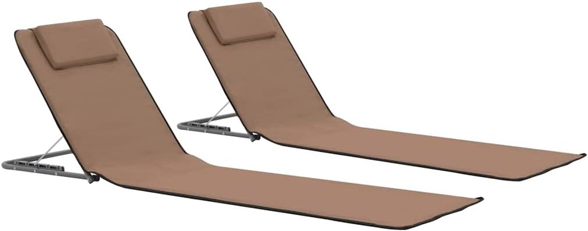 Strandmat, 2 stuks, staal en stof, bruin, met verstelbare rugleuning en opbergvak voor camping en terras, opvouwbare zonneligstoel met hoofdsteun