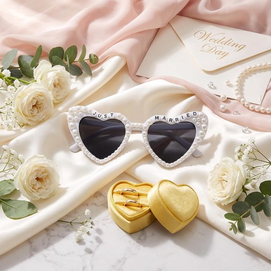 Parels, hartvormige zonnebril, Just Married decoratie, UV400-bescherming, bruid, zonnebril, kattenogen, zonnebril voor bruiloft, vrijgezellenbril, vrouwen, bruiloft, feestbril — afbeelding 3