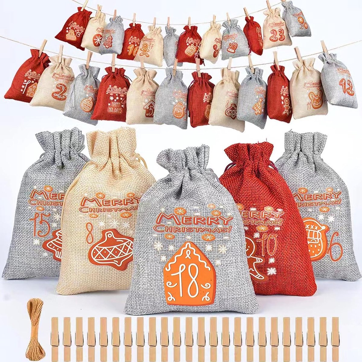 Adventskalender om te vullen voor kinderen, 24 adventskalenders om zelf te vullen, stoffen zakjes, kerstkalender om te vullen, adventskalender 2024 zakjes voor vrouwen en mannen