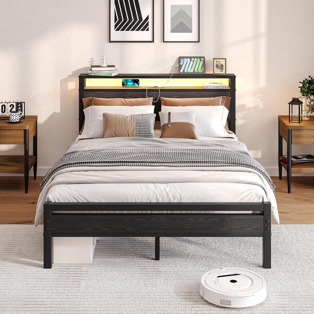 Bedframe met laadstation,led-verlichting,tweepersoonsbed,logeerbed,metalen bed,140x190 cm,bedframe van metaal,jeugdbed met lattenbodem,hoofdeinde in zwart,voor slaapkamer en