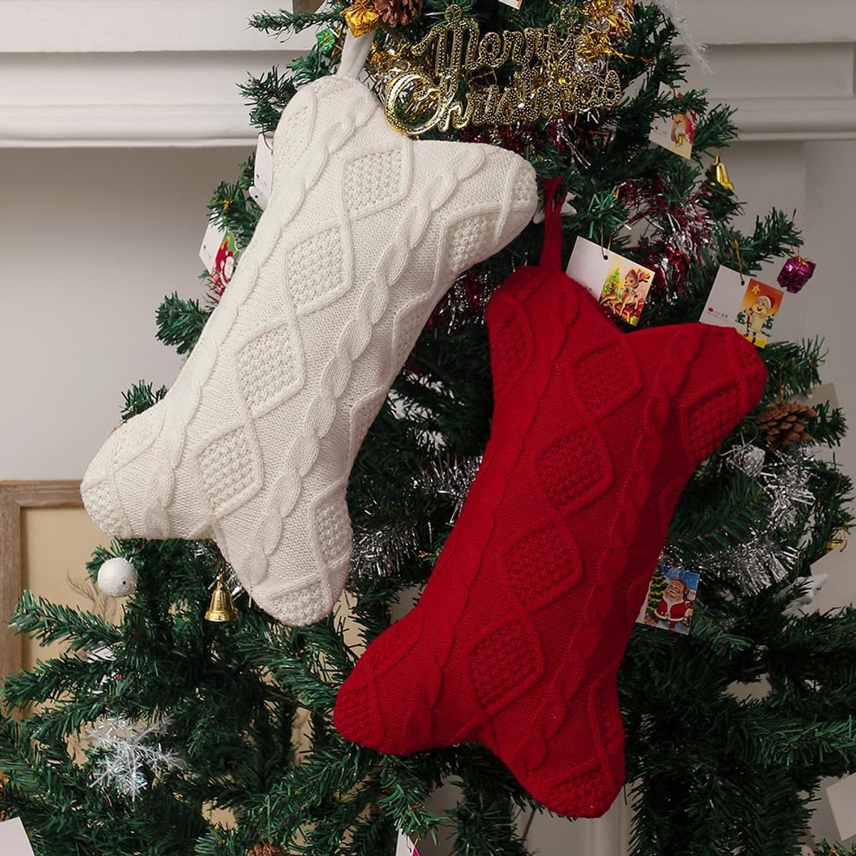 Kerstkous voor honden, 45,7 x 15,72 cm, hond kat kerstkousen, kerstkousen om op te hangen, botvorm, geschikt voor huis en open haard kerstdecoratie, wit