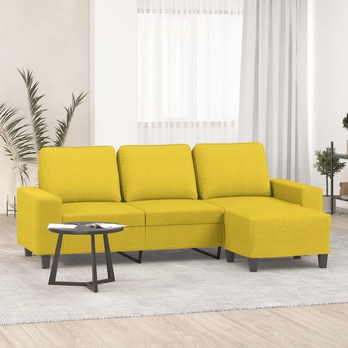 3-zitsbank met kruk in lichtgeel, 180 cm, stoffen bekleding, robuust frame en dikke bekleding voor een comfortabele zitervaring, veelzijdige voetenbank als extra zitting