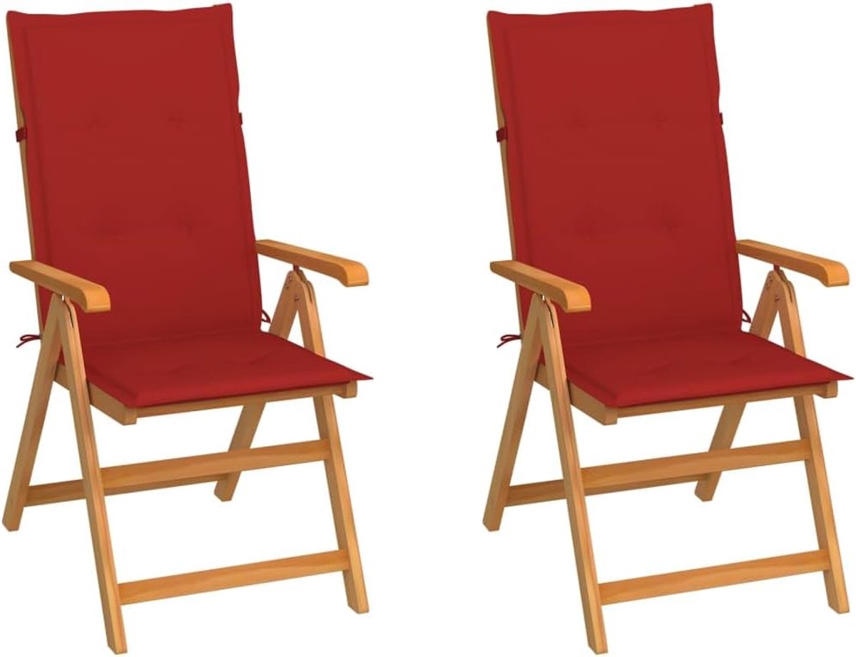 Set van 2 teakhouten tuinstoelen met rode kussens, inklapbaar, verstelbare rugleuning in 7 standen, licht, maximale belasting 110 kg per zitting.