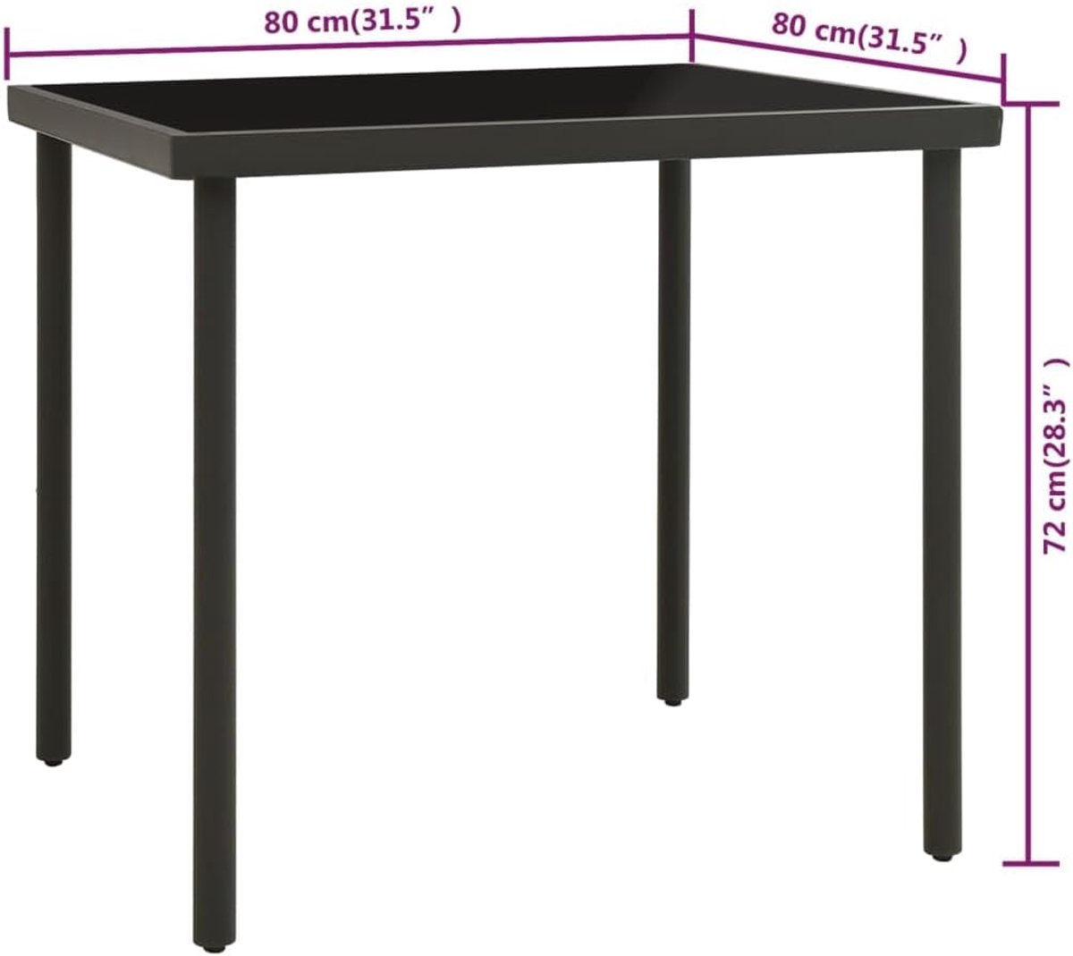 Terrastafel, tuintafel, eetkamertafel, antraciet, 80 x 80 x 72 cm, glas en staal, voor gazon, tuin, terras
