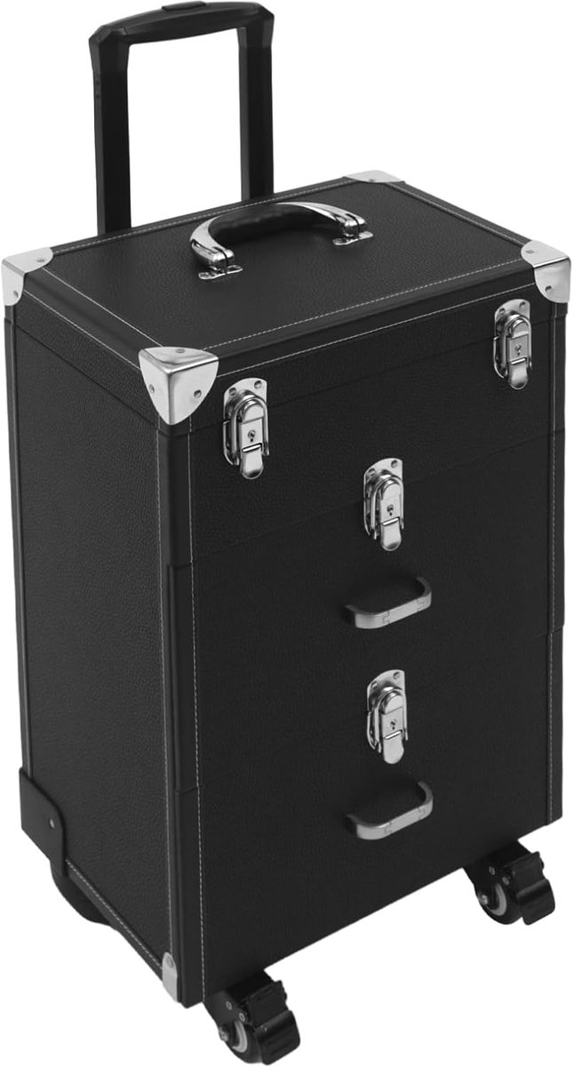 Trolley, rolkoffer, nagellak-organizer, sieraden, reis-cosmetica-koffer met 4 wielen, 03 PU-leer, make-upkoffer geschikt voor reizen, kappers, visagisten, nageltechnici, zwart, zwart, Cuboid