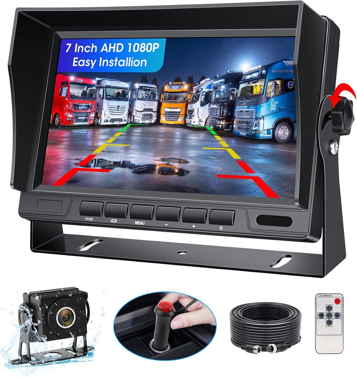 1080P achteruitrijcamera, 7 inch achteruitrijcameraset, voor bestelwagens, achteruitrijcamera, waterdicht, IP69, super nachtzicht, voor auto's, vrachtwagens