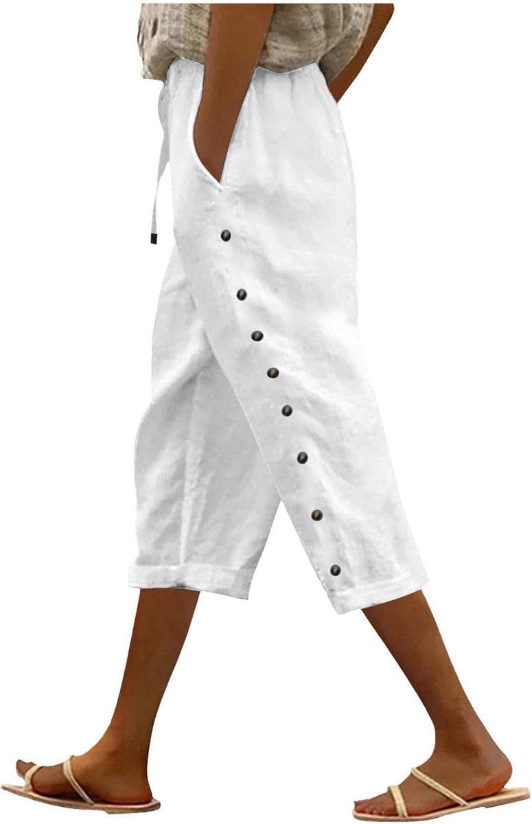 Zomerbroek voor dames, effen, elastische tailleband, los, knopen aan de zijkant, decoratie, capri, veelzijdig, casual
