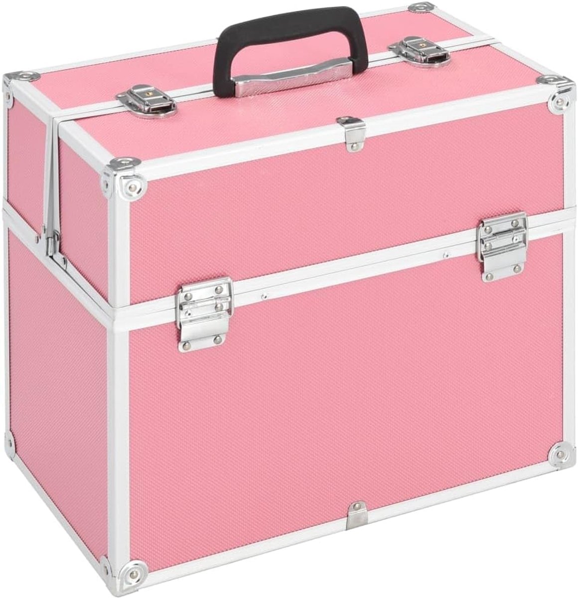 38x23x34 cm zwart, make-upkoffer met telescopische vakken, make-up case van aluminium en hout, afsluitbare kapperskoffer, roze, 1, Wijnoogst