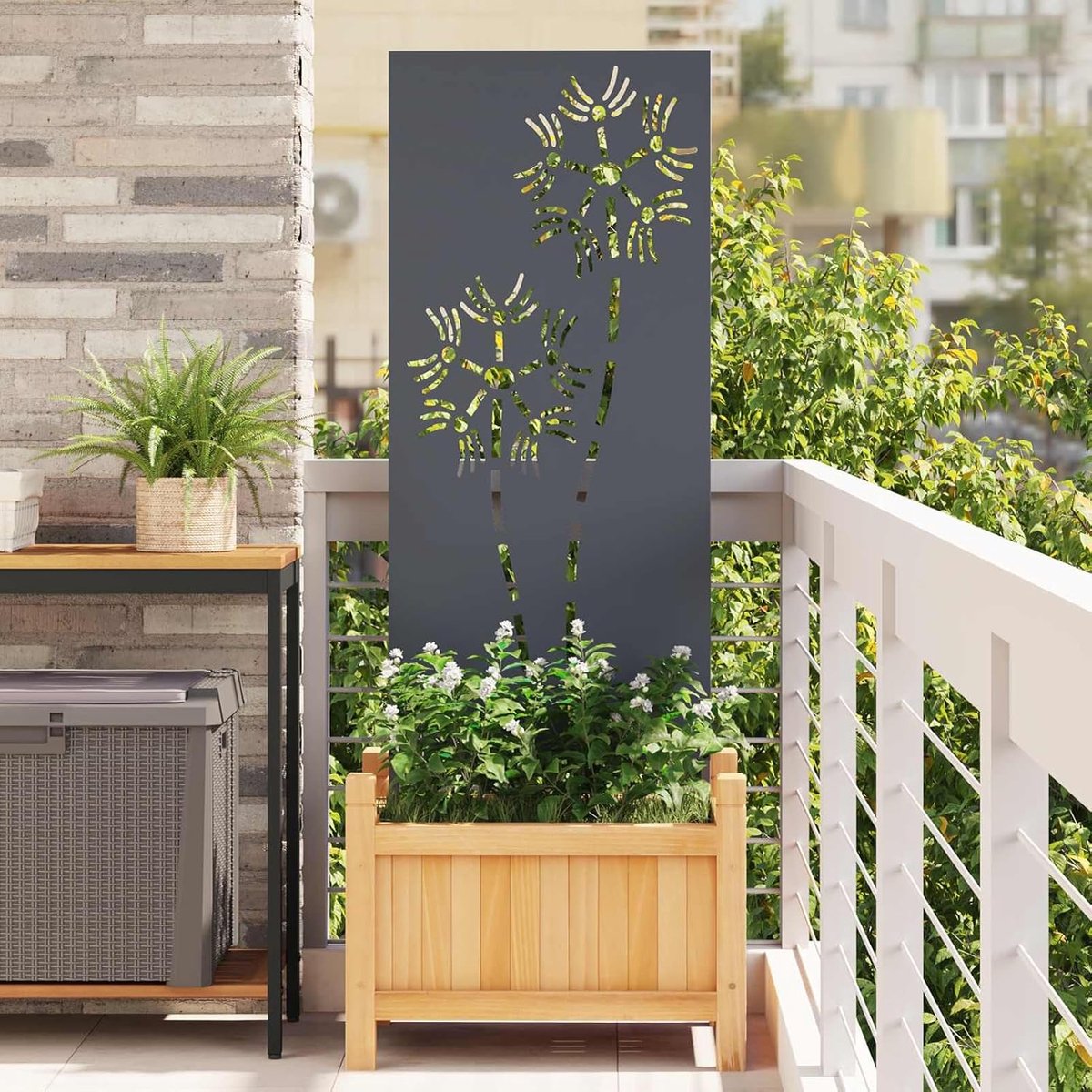 Tuin zichtwerend doek antraciet 50 x 140 cm, mat gelakt, rechthoekig, decoratieve inlays, wind- en weerbestendig, eenvoudig te monteren, voor tuin en terras