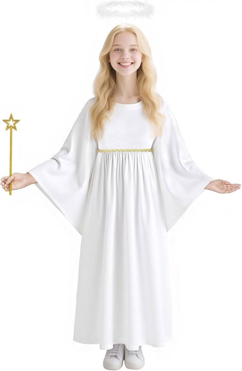 Kostuum voor kinderen, meisjes, 3 stuks, wit kostuum met hoofddeksel en toverstaf, kinderkostuum engel voor Kerstmis, Halloween, carnaval, maskerade, cosplay, verjaardagsfeest