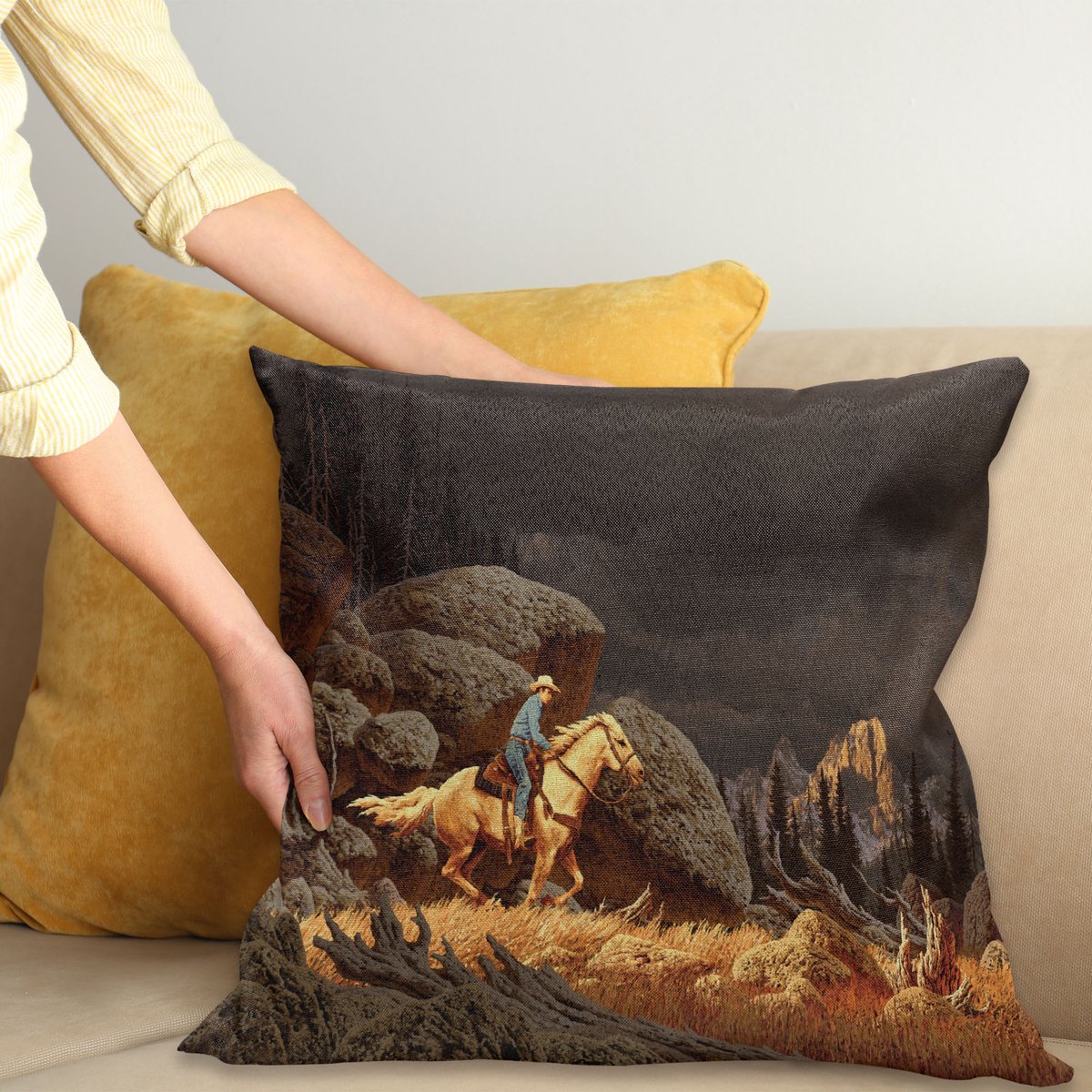 ABAKUHAUS Western Kussenhoes, Cowboy-Reitpferd, Met Ritssluiting, Wasbaar, Dubbelzijdige Digitale Print, Heldere Kleuren, Hoogwaardige Stof, 45 x 45 cm, Geel en Grijs