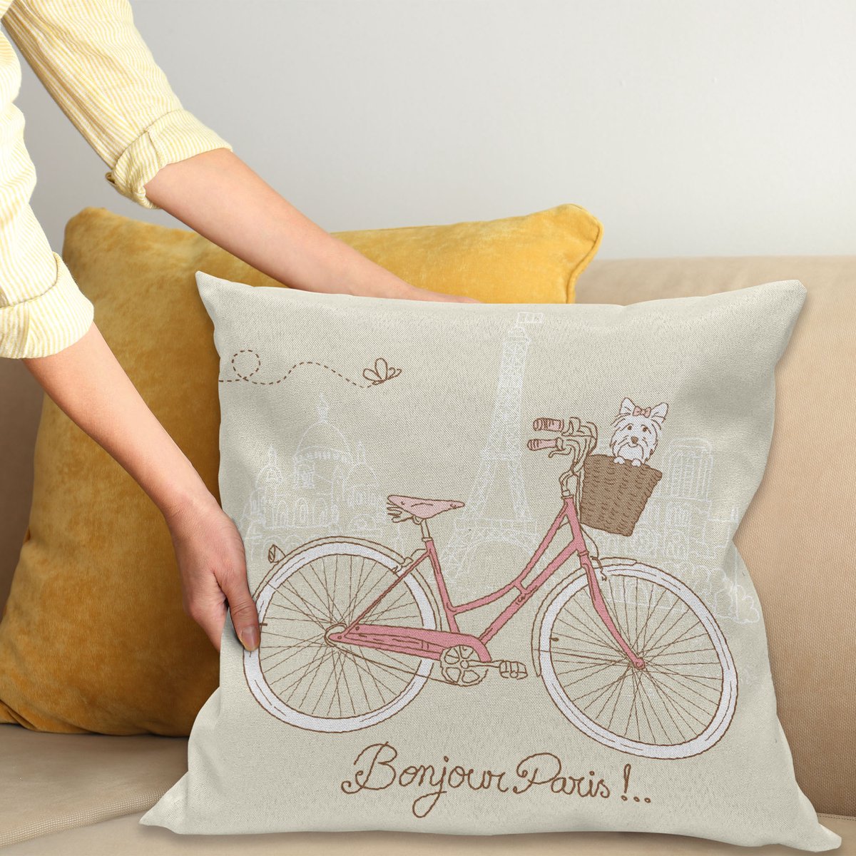 ABAKUHAUS Hund Kussenhoes, Postkarte van Paris Fiets, Wasbare Sierkussenhoes voor Binnen/Buiten, Dubbelzijdige Print met Ritssluiting, 40 x 40 cm, Eierschalenfarben Korallenrot