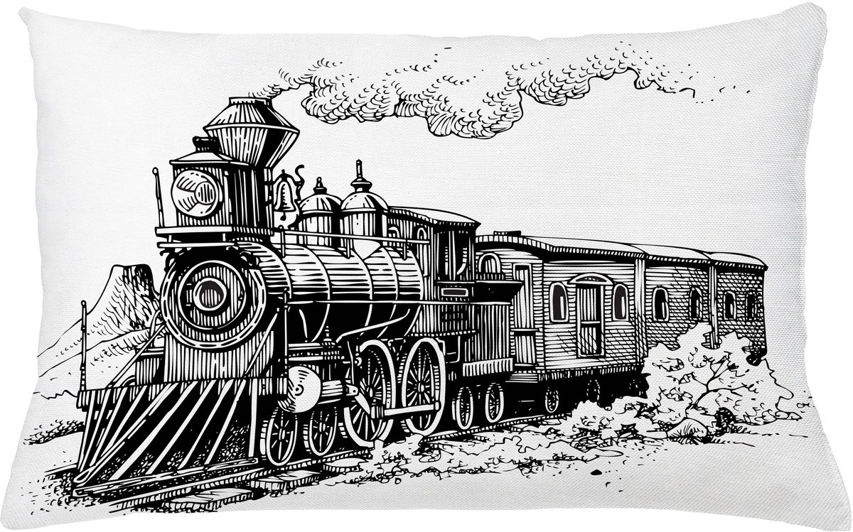 ABAKUHAUS Dampfmaschine Kussenhoes, Rustiek Oud Train, Water- en Vuilafstotend, Wasbaar, Dubbelzijdige Print met Ritssluiting, 65 x 40 cm, Zwart en Wit