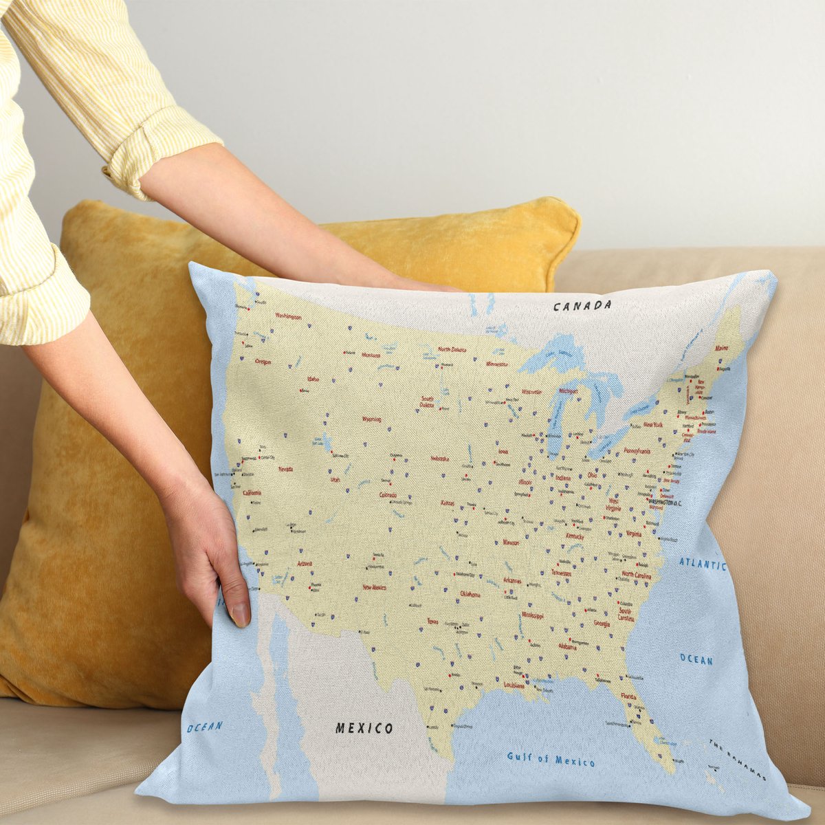 ABAKUHAUS Kaart Kussenhoes, Amerika Städte Interstate, Water- en Vuilafstotende Stof met Digitale Print voor Binnen en Buiten, 45 x 45 cm, Geel Rood Lichtblauw
