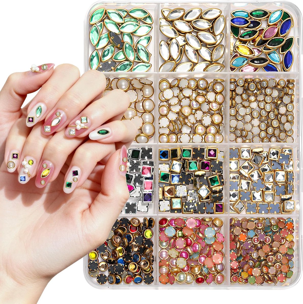 Nageldecoratieset met 12 vakjes, gekleurde edelstenen in diverse vormen en kleuren, strass steentjes, vintage hangers, handbedeltjes voor doe-het-zelf nageldecoratie, 12 vakjes Art strass