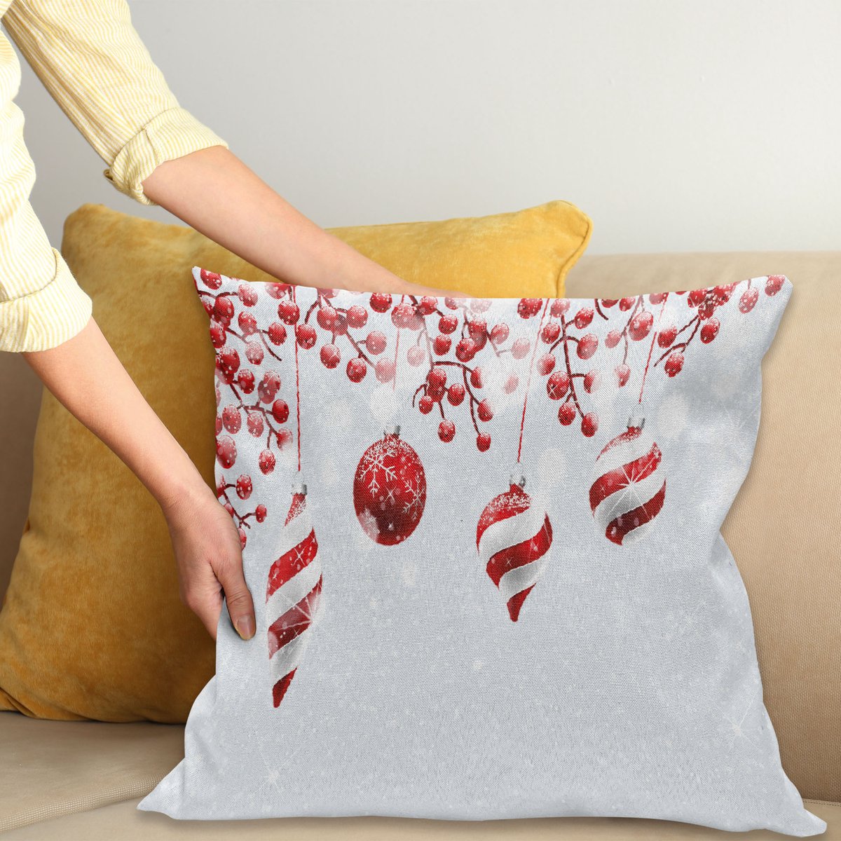 ABAKUHAUS Kerstmis Kussenhoes, traditionell, Wasbare Kleurechte Kussenhoes met Digitale Dubbelzijdige Print en Ritssluiting, 50 x 50 cm, Wit Rood