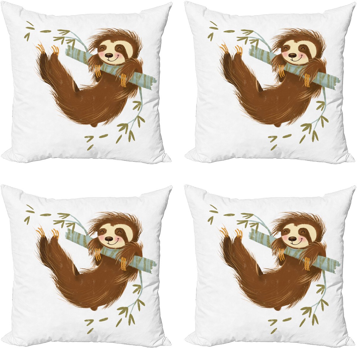 ABAKUHAUS Faultier Sierkussen Kussenhoes 4er Set, Fröhlich Dier op Boom, Modern Accent Dubbelzijdige Digitale Print, 40 x 40 cm, Bruin Khaki Grijs