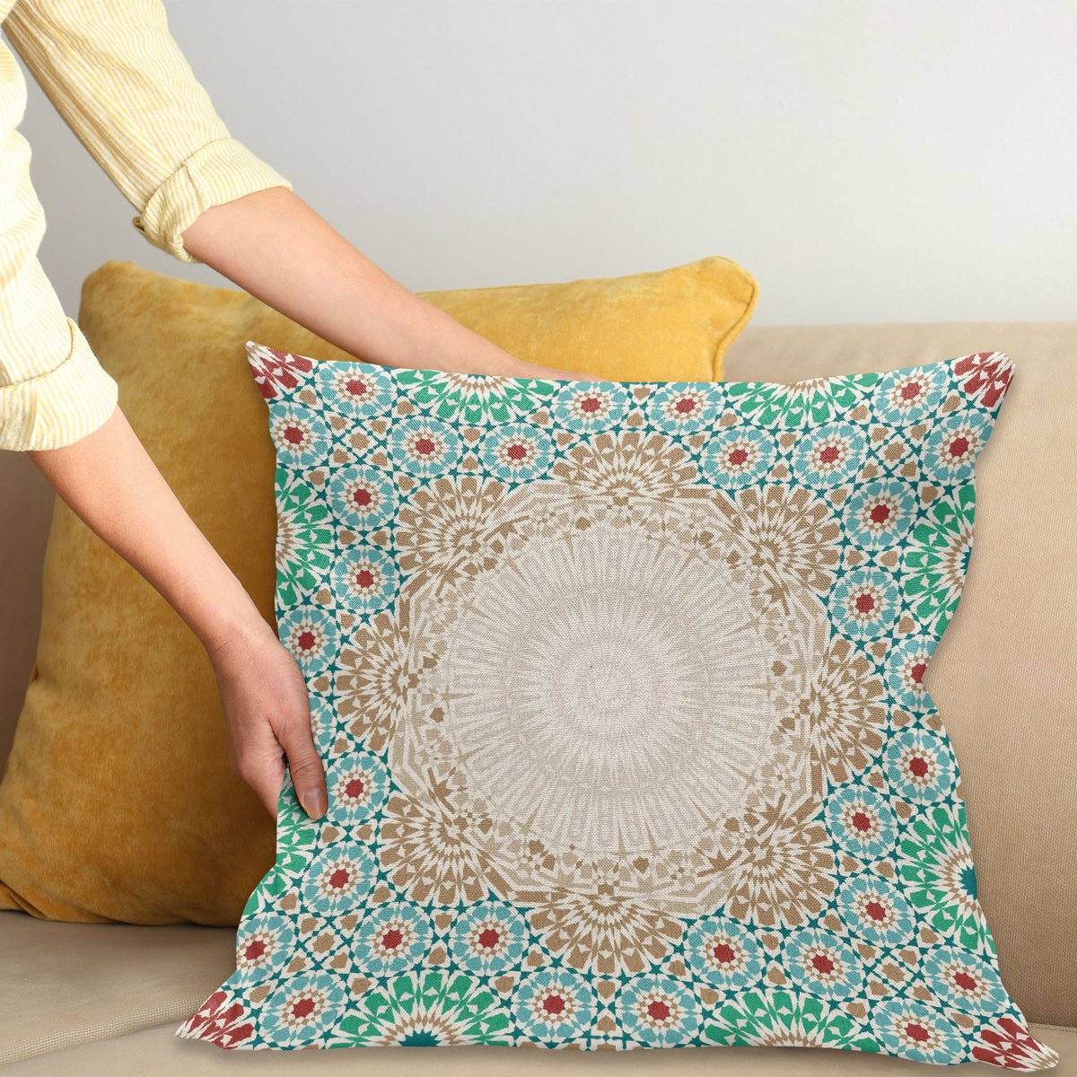 ABAKUHAUS Boho Kussenhoes, Antike Blumenmosaik-Formular, Kussenhoezen met Dubbelzijdige Print Kleurecht Wasbaar en Ritssluiting, 50 x 50 cm, Meerkleurig