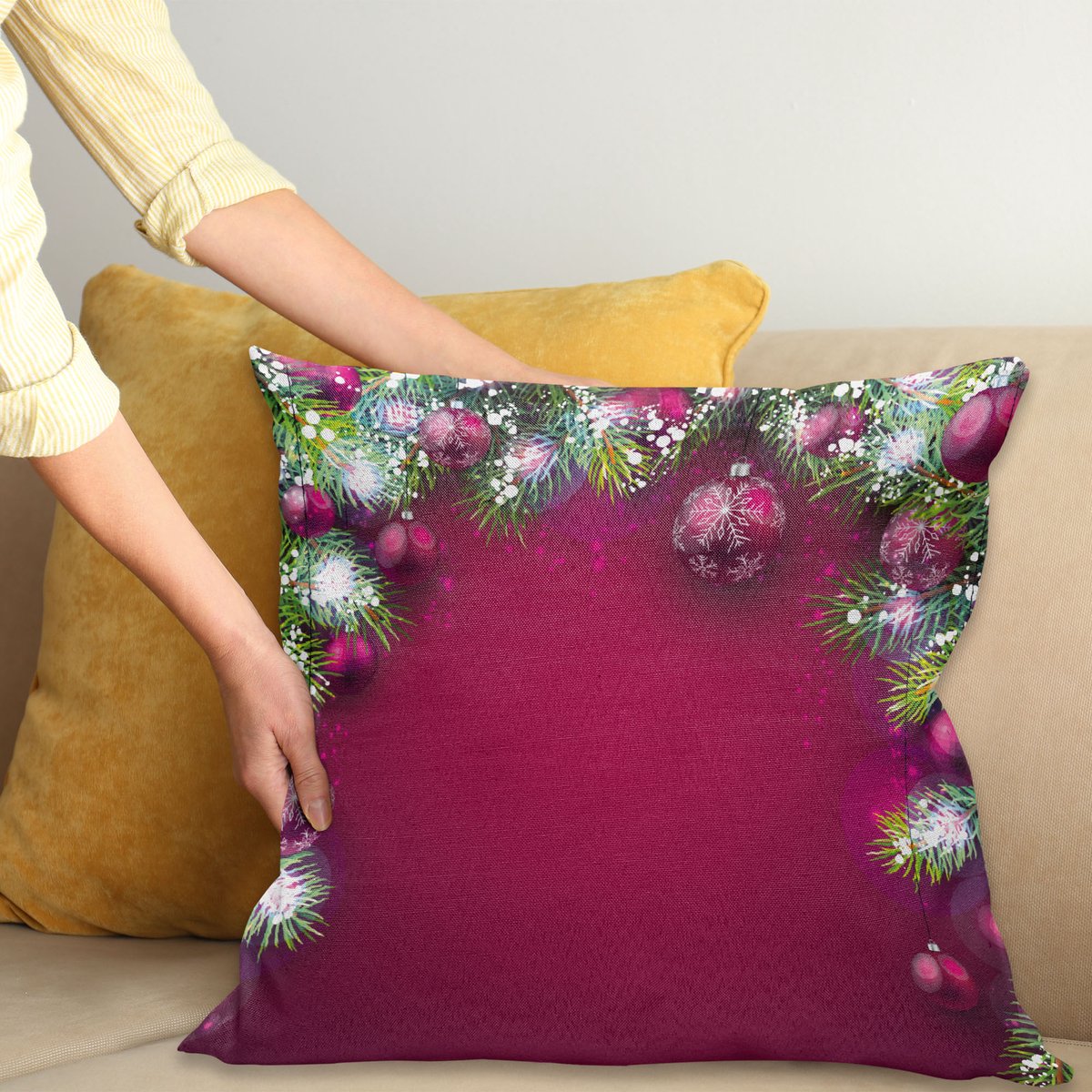 ABAKUHAUS Kerstmis Kussenhoes, Baumkugeln Schneeflocken, Kussenhoes zonder Binnenkussen, met Ritssluiting, Dubbelzijdige Print, Wasbaar, 40 x 40 cm, Magenta Groen Wit
