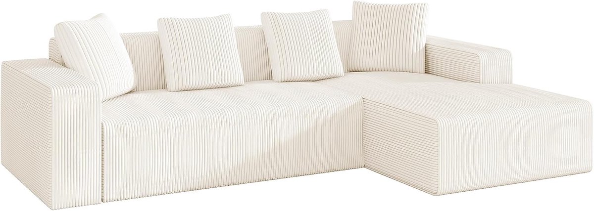 Gecomprimeerde cloud-lounge-sofa, moderne L-ligstoelen zonder montage, diepe zitbank uit corduroy, gestoffeerde bank voor woonkamer & slaapkamer (White B-3-zits)