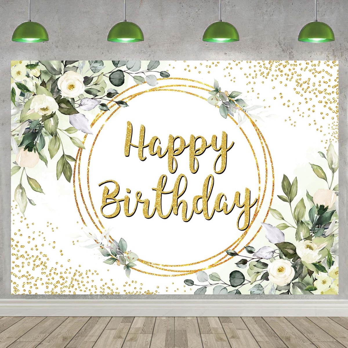 Gelukkige Verjaardag Achtergrond Groen en Goud Eucalyptus Groene Bladeren Fotografie Achtergrond Safari Jungle Meisje Vrouwen Baby Shower Verjaardagsfeestje Decor Achtergrond (240x180cm)