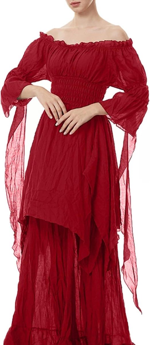 Renaissancekostuum voor dames, Halloween-jurk met korset, riem (rood, S)