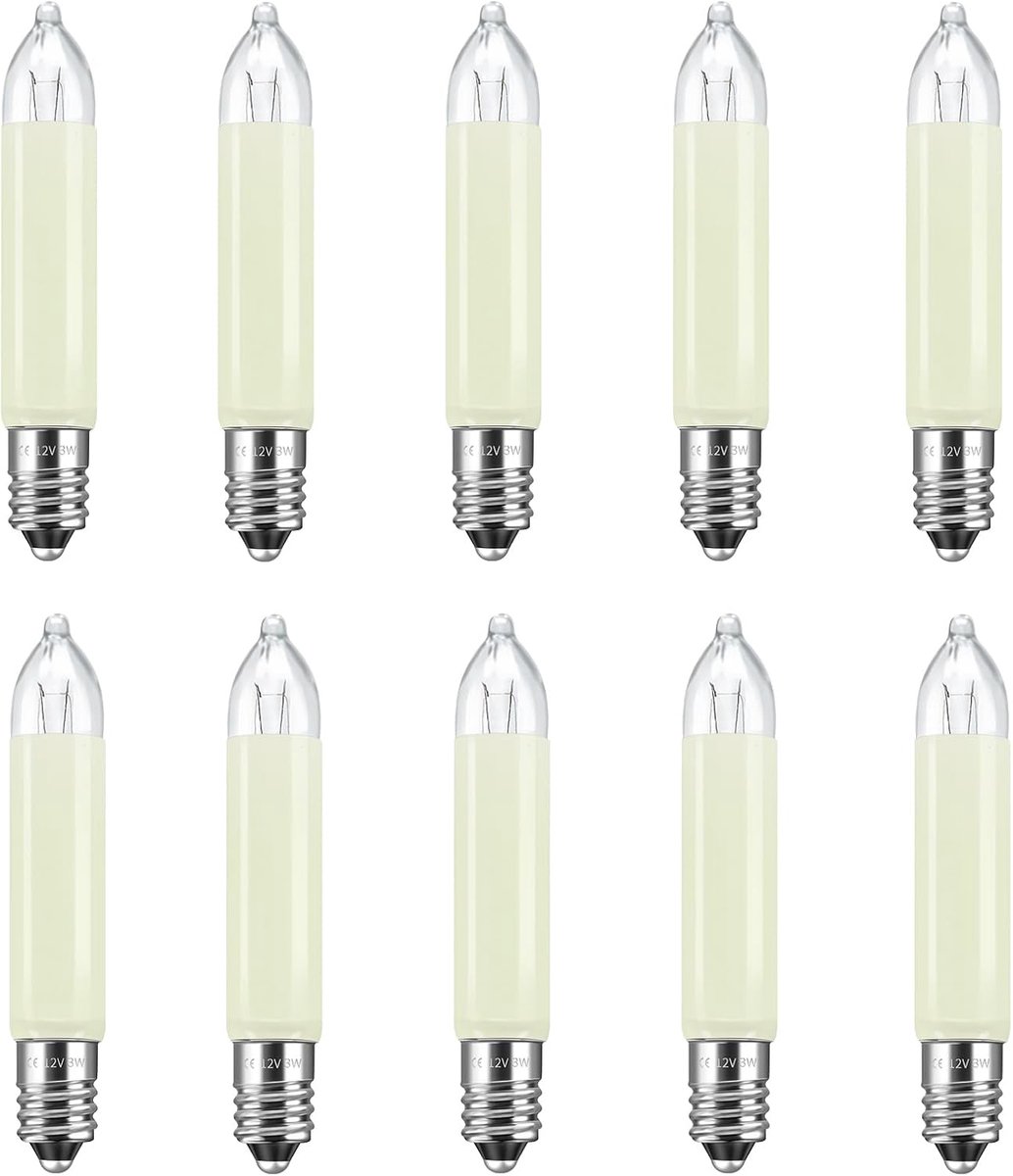 10 stuks E10 12 V 3 W reservelampen, kaarsbooglamp, kleine schachtkaars, warmwit, 2700 K, 30 lm, kleine schachtkaarsen, kaarsboog, voor lichtkettingen, kaarsboog, kerstboom