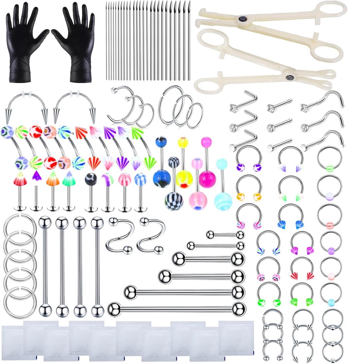 124 stuks piercingset, met 12G 14G 16G 18G 20G roestvrijstalen piercingnaalden en acryl sieraden.