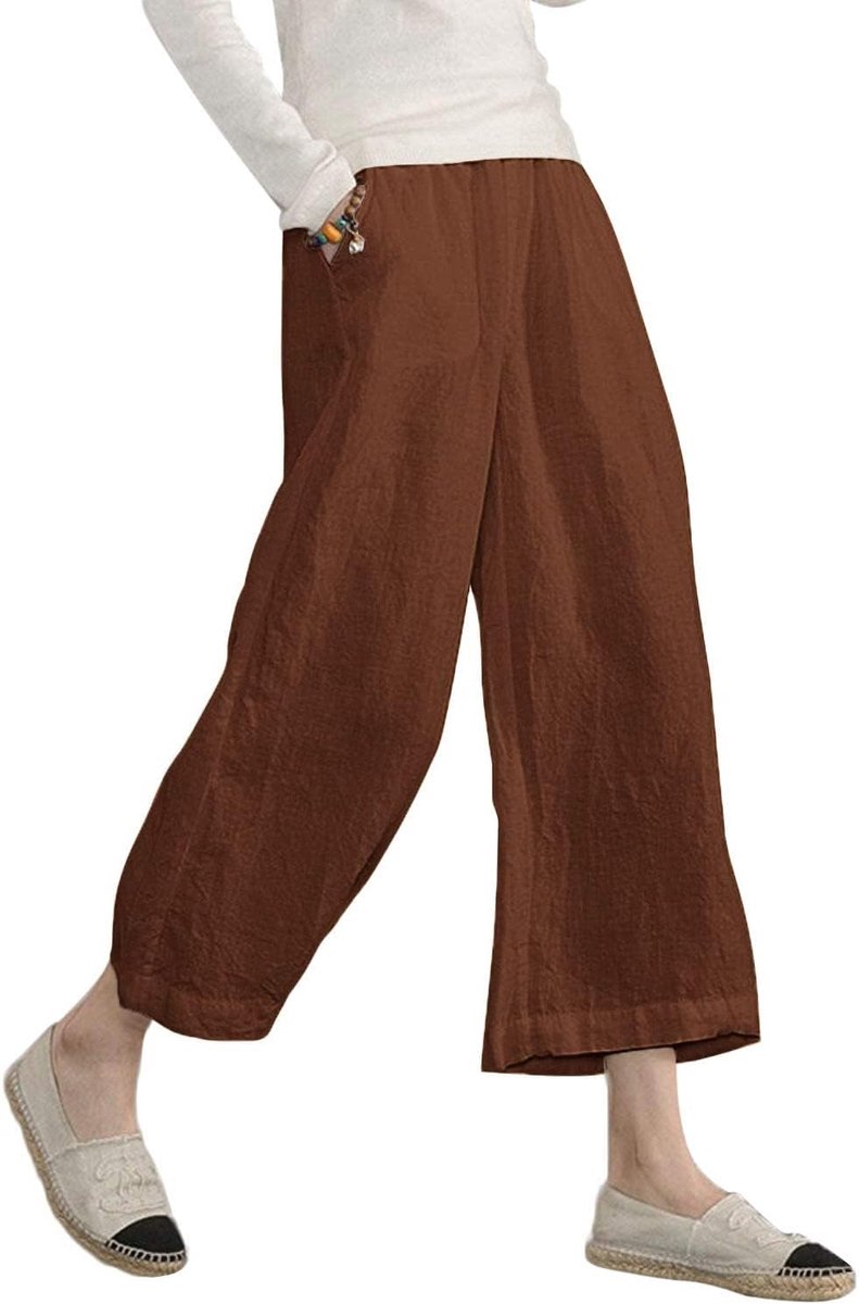 Damesbroek, elastische taille, brede broek, vloeiend, cargobroek, zomer, 7/8, katoen