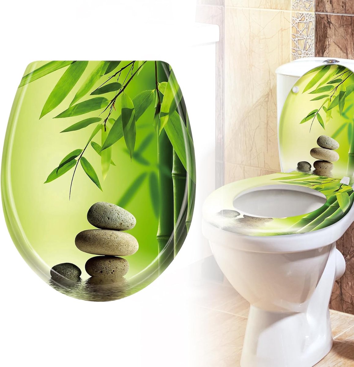 Toiletdeksel, wc-deksel met softclosemechanisme, wc-bril, toiletbril van duroplast en roestvrij staal, antibacteriële toiletbril voor alle gangbare toiletpotten (bamboe en steenkunst)