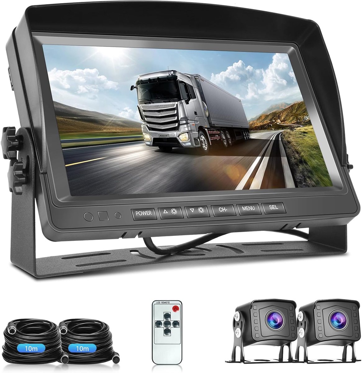 Achteruitrijcameraset, 9-inch LCD-monitor met 2 AHD-achteruitrijcamera's, IP69 waterdicht, nachtzicht met 10 m + 10 m kabel, voor auto's, pick-ups, vrachtwagens, kleine campers, campers DC12V-35V
