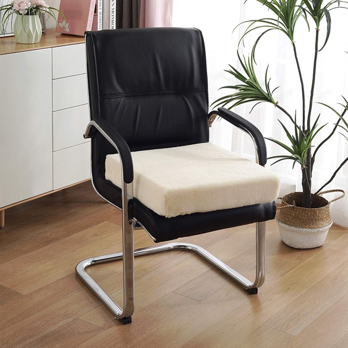 Memory Foam/Stoel Kussen/Kantoor/Stoel Pad/voor Eetkamerstoelen Rolstoel Keuken Stoel/Zitkussen/Met Korte Pluche Cover Wasbaar-A beige 45x45x8cm (18x18x3inch)