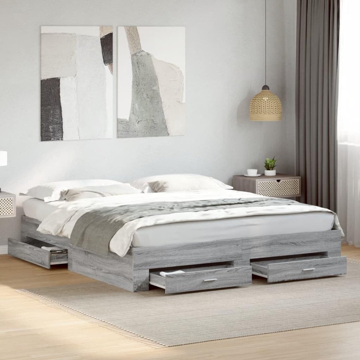 Bedframe met schuifladen grijs Sonoma 200x200cm houtmateriaal lattenbodem opbergruimte