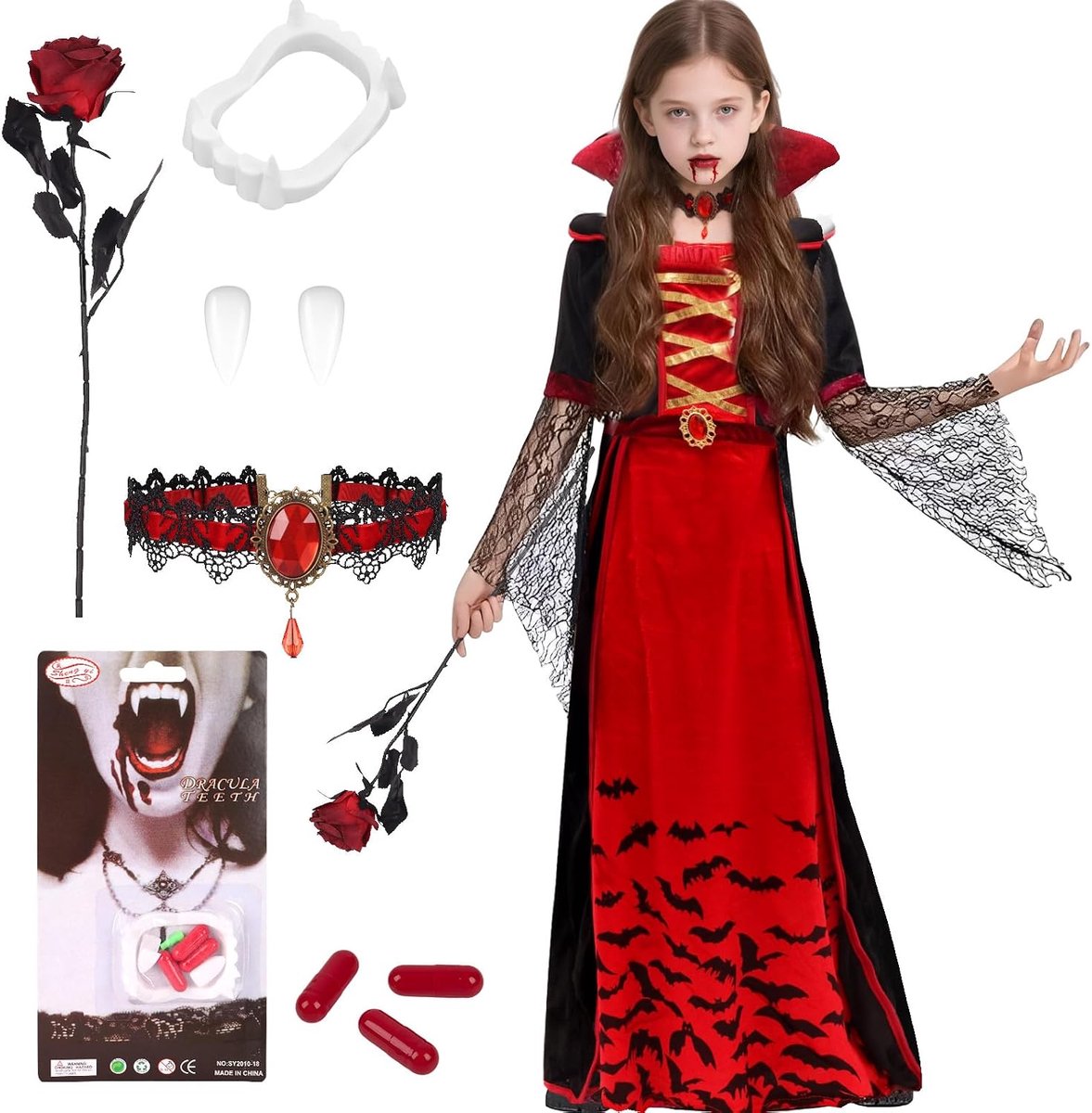 Vampierkostuum Meisjesset,Halloween Koninklijk Vampierkostuum Jurk Kinderen met Vampiertanden Nepbloed Vampieraccessoires,Vampierkoningin Verkleden,Chique Vermomming,Carnaval,Cosplay
